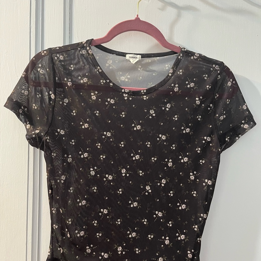 Garage Black Floral Mesh Short Sleeve Top with White Accent